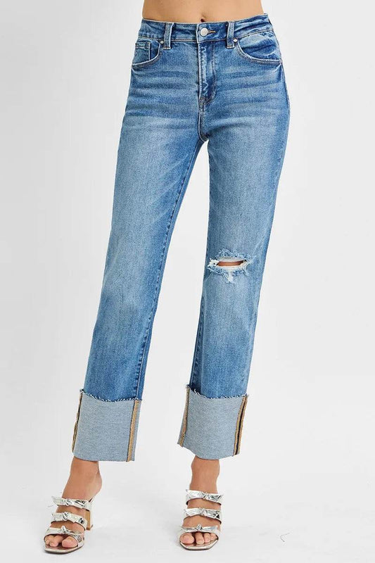 RISEN Full Size High Rise Ankle Straight Wide Cuffed Jeans Plus Size - Tredona LLC