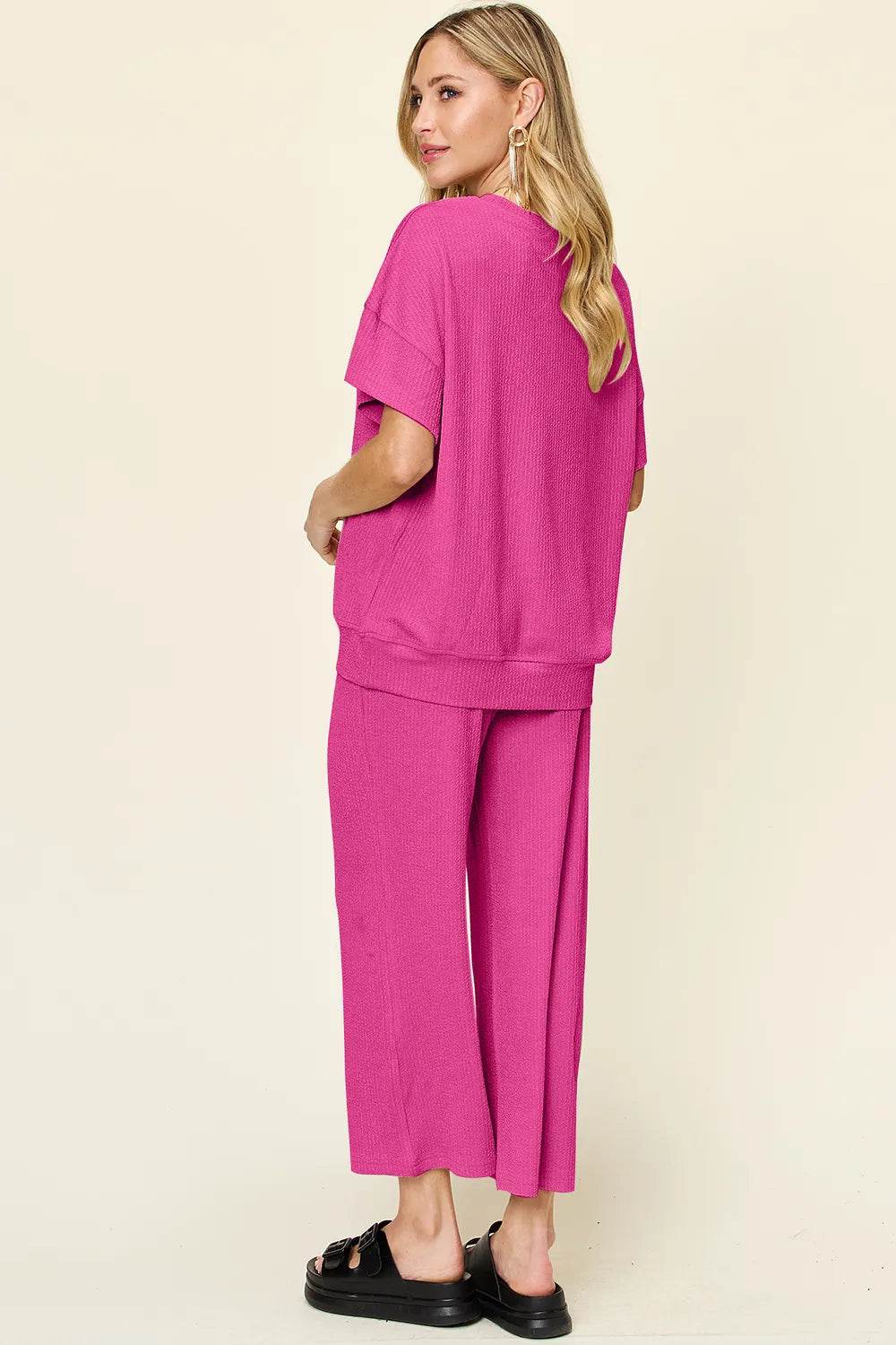Double Take Full Size Texture Round Neck Short Sleeve T-Shirt and Wide Leg Pants - Tredona LLC