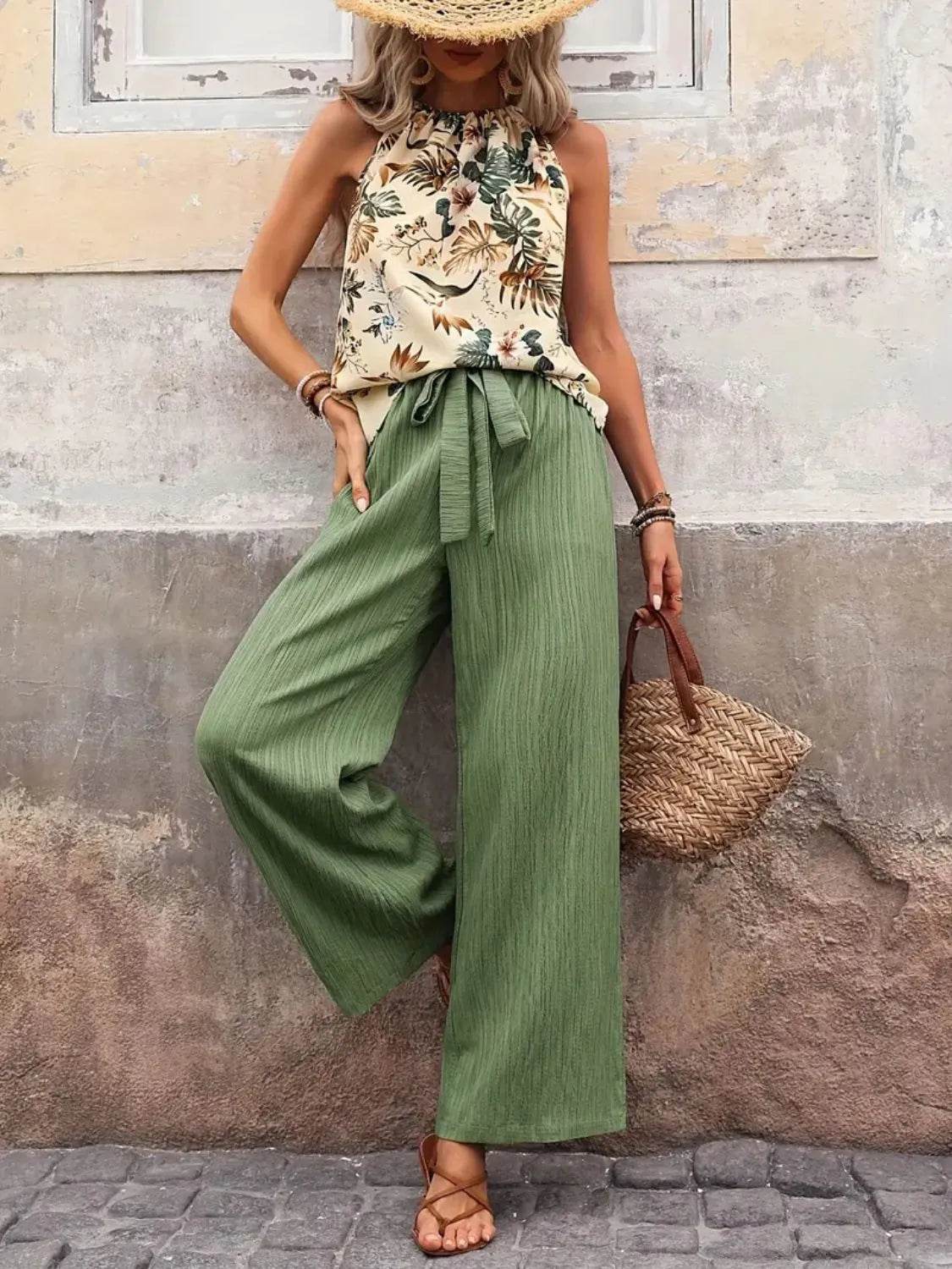 Printed Tank Top and Wide Leg Pants Set - Tredona LLC