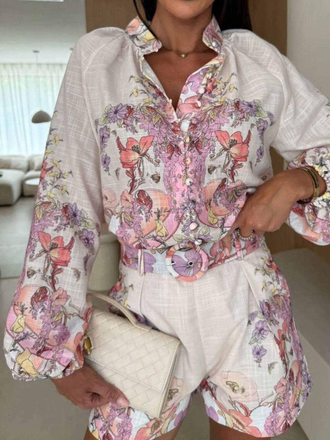 Printed Long Sleeve Shirt and Shorts Set - Tredona LLC