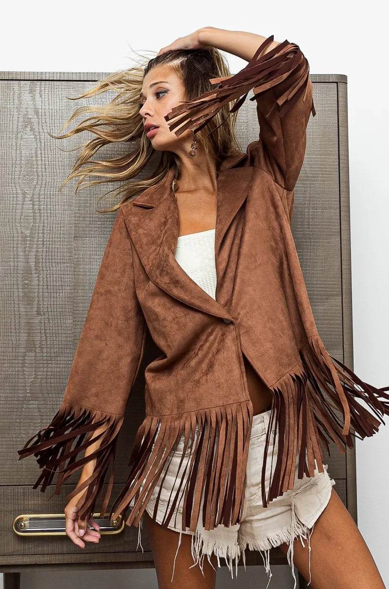 BiBi Single Blazer with Fringed Hem - Tredona LLC