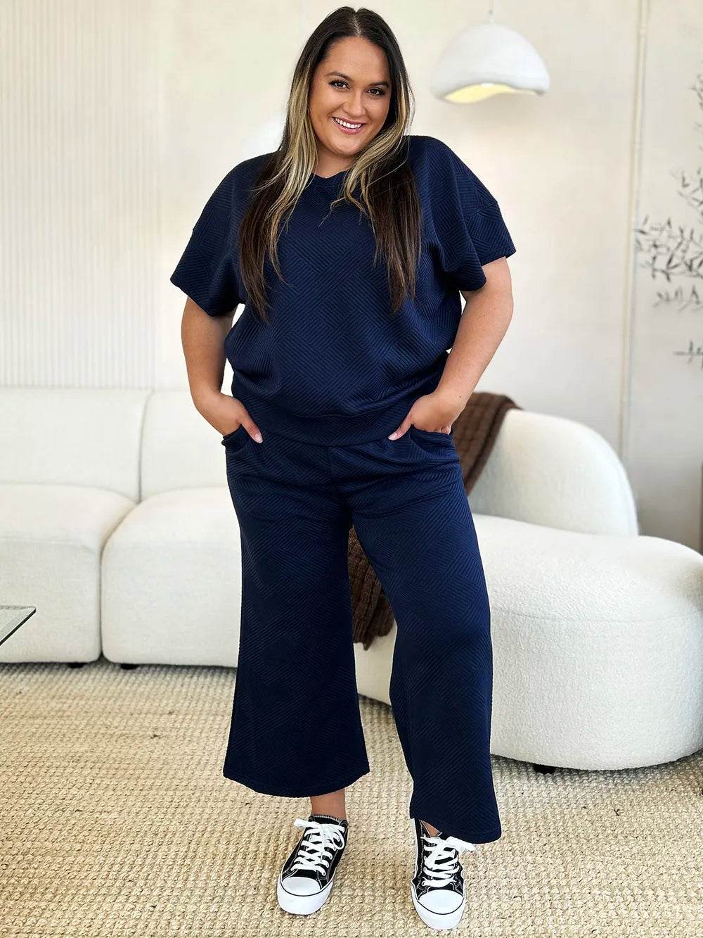 Double Take Full Size Texture Short Sleeve Top and Pants Set - Tredona LLC