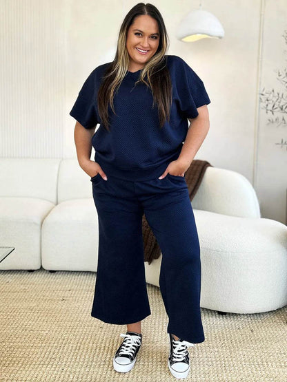 Double Take Full Size Texture Short Sleeve Top and Pants Set - Tredona LLC