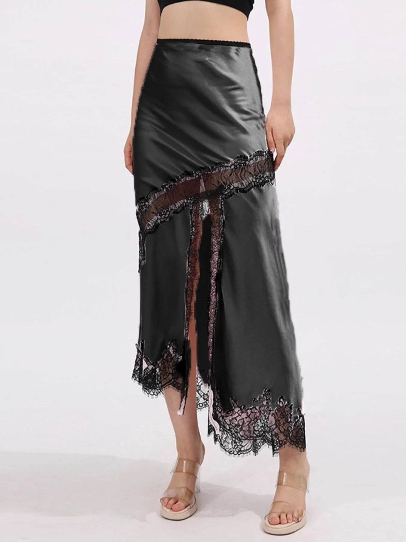 Lace Trim Asymmetrical Midi Skirt - Tredona LLC