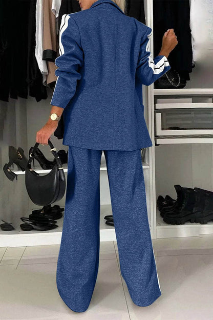 Full Size Contrast Lapel Collar Top and Pants Set - Tredona LLC
