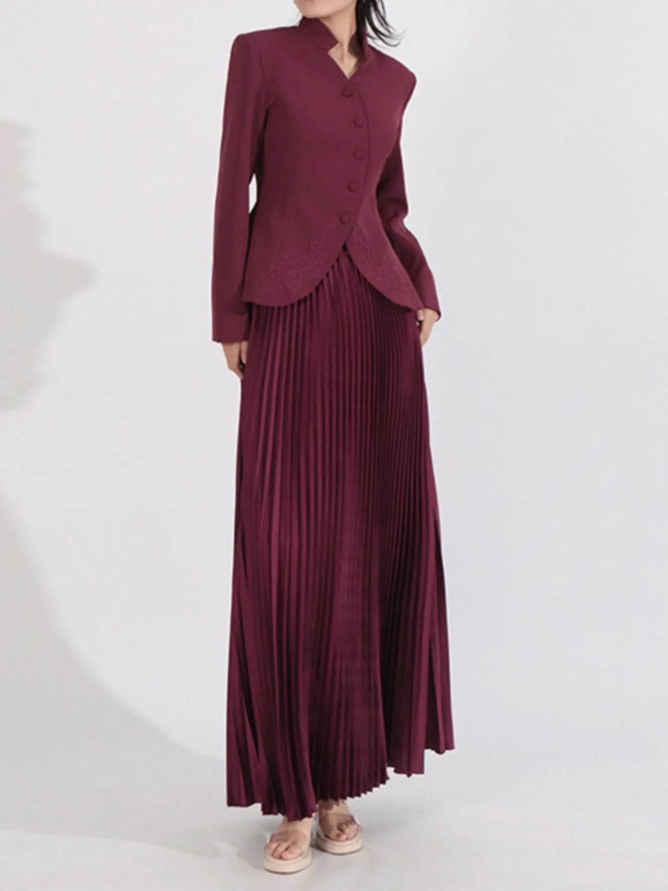 Button Up Long Sleeve Top and Pleated Skirt Set - Tredona LLC