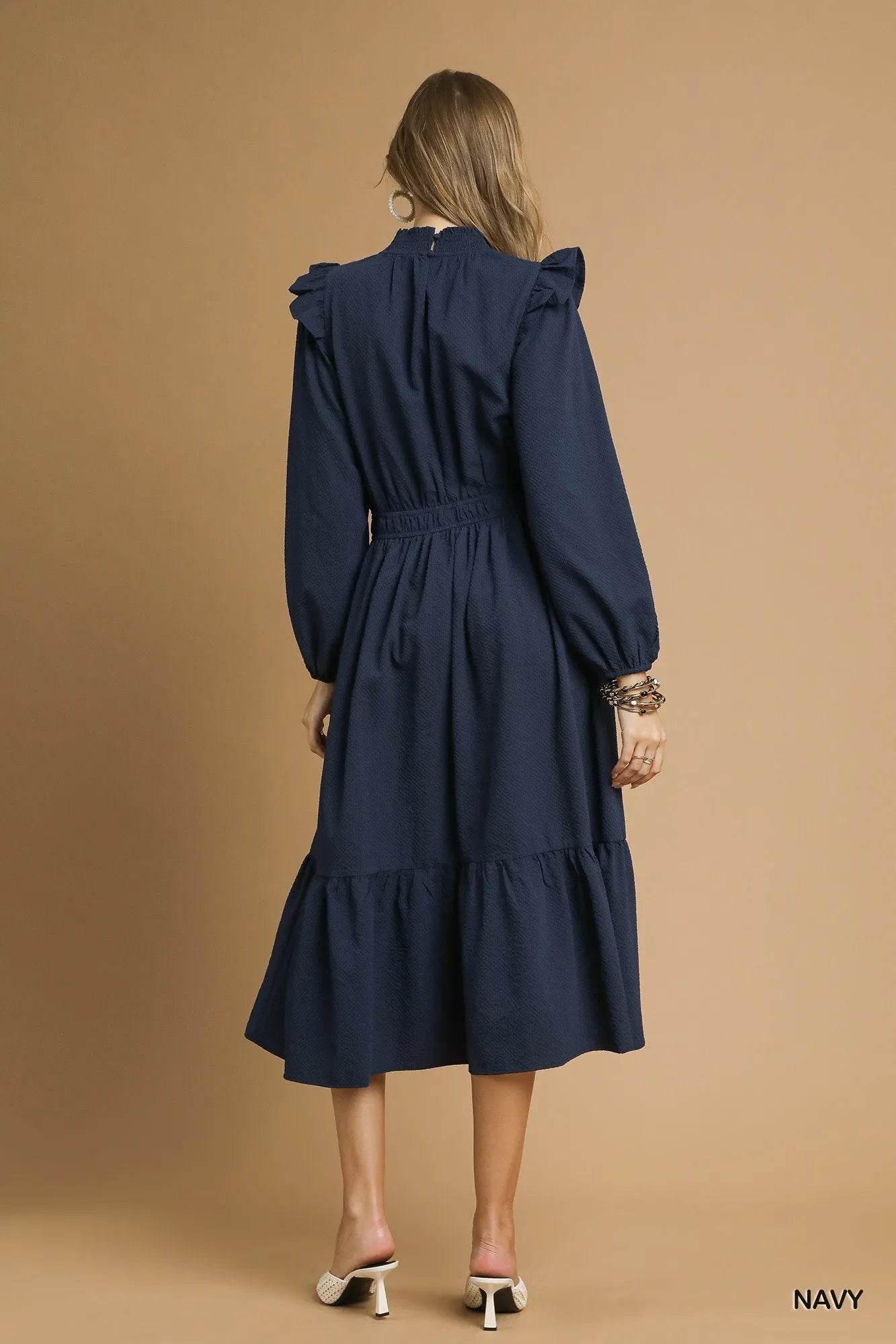 Umgee Textured Midi Dress with Ruffle Shoulder Detail - Tredona LLC