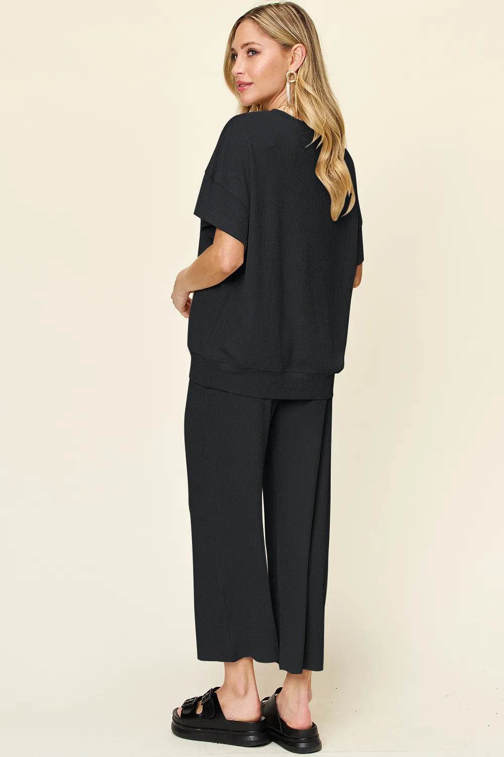 Double Take Full Size Texture Round Neck Short Sleeve T-Shirt and Wide Leg Pants - Tredona LLC