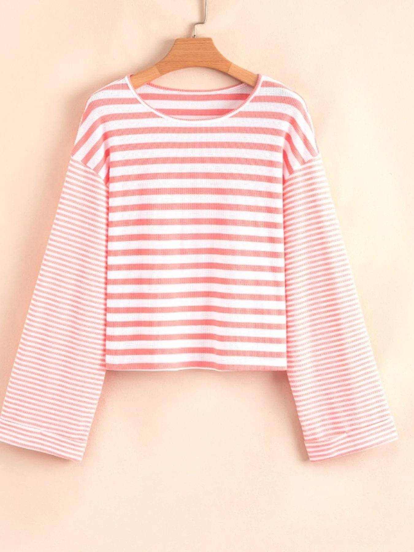 Striped Long Sleeve Ribbed Blouse - Tredona LLC