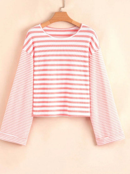 Striped Long Sleeve Ribbed Blouse - Tredona LLC