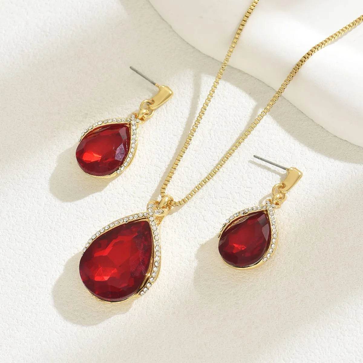 18K Gold-Plated Rhinestone Teardrop Necklace and Earrings Jewelry Set - Tredona LLC