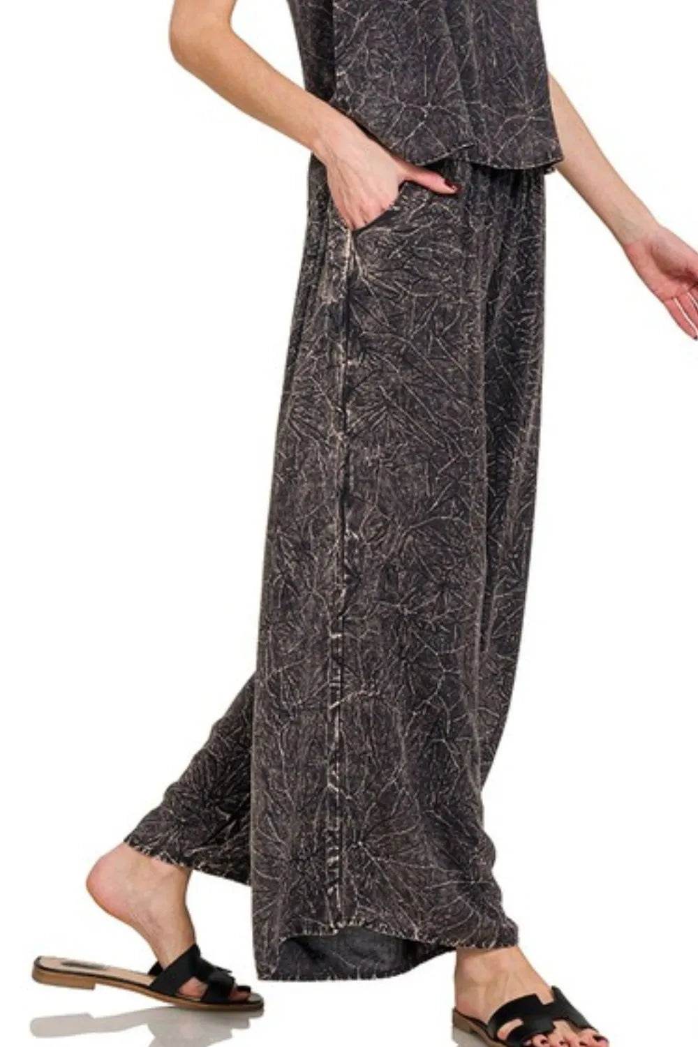 Zenana Woven Acid Crinkle Washed Cami & Pants 2 Piece Set - Tredona LLC