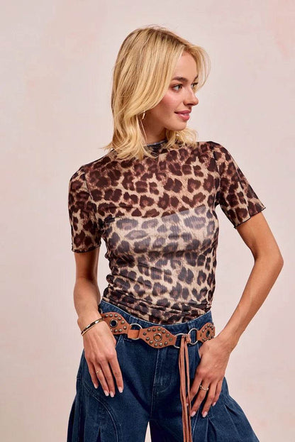 BiBi High Neck Leopard Mesh Short Sleeves Top - Tredona LLC