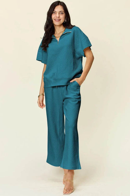 Double Take Full Size Texture Half Zip Short Sleeve Top and Pants Set - Tredona LLC