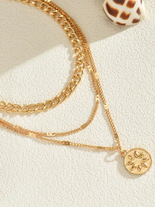 18K Gold-Plated Layered Necklace with Sun Medallion Pendant - Tredona LLC