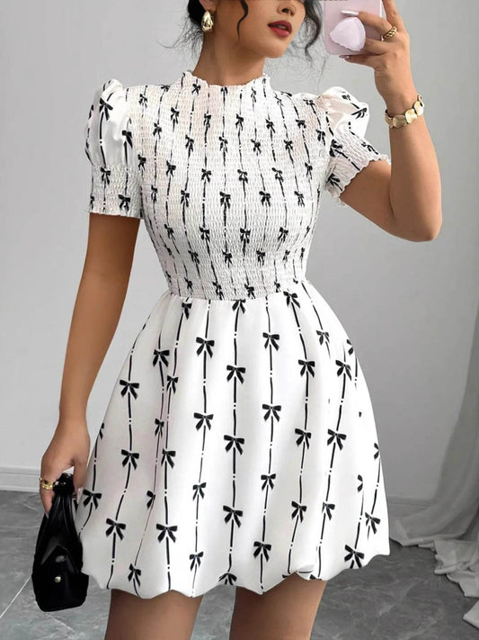 Smocked Bow Print Short Sleeve Dress - Tredona LLC
