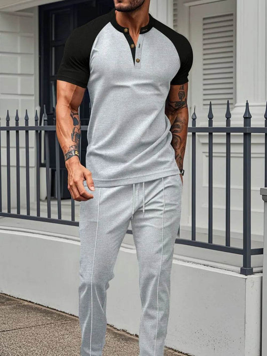 Men's Full Size Waffle-Knit Contrast Top and Drawstring Pants Set Plus Size - Tredona LLC