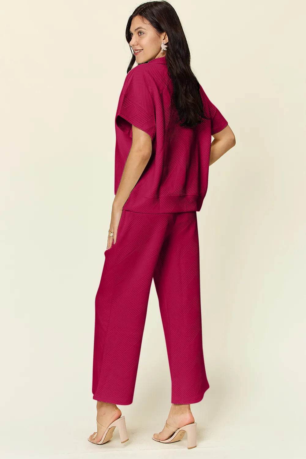 Double Take Full Size Texture Half Zip Short Sleeve Top and Pants Set - Tredona LLC