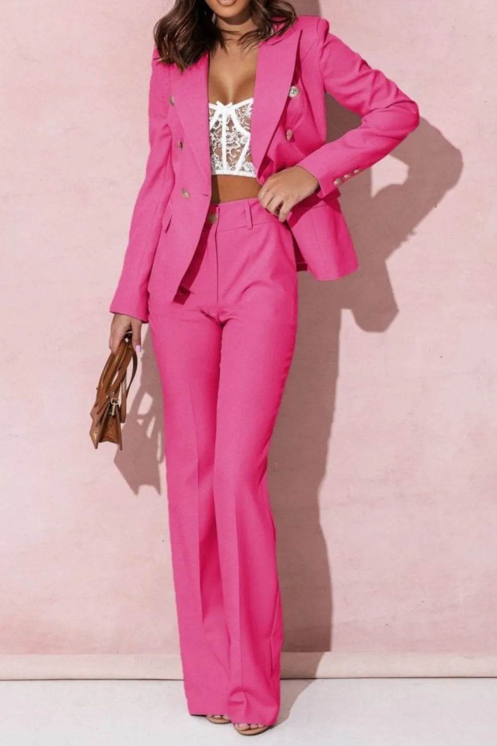 Full Size Lapel Collar Long Sleeve Blazer and Pants Set Plus Size - Tredona LLC