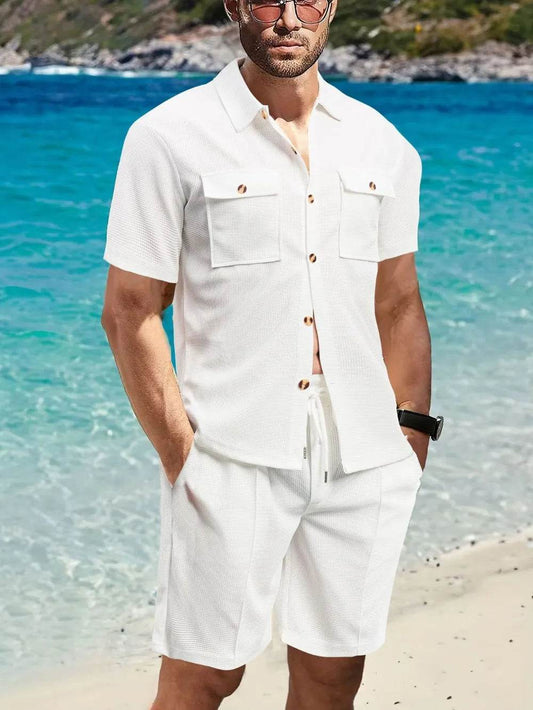 Men's Full Size Button Down Short Sleeve Top and Shorts Set Plus Size - Tredona LLC