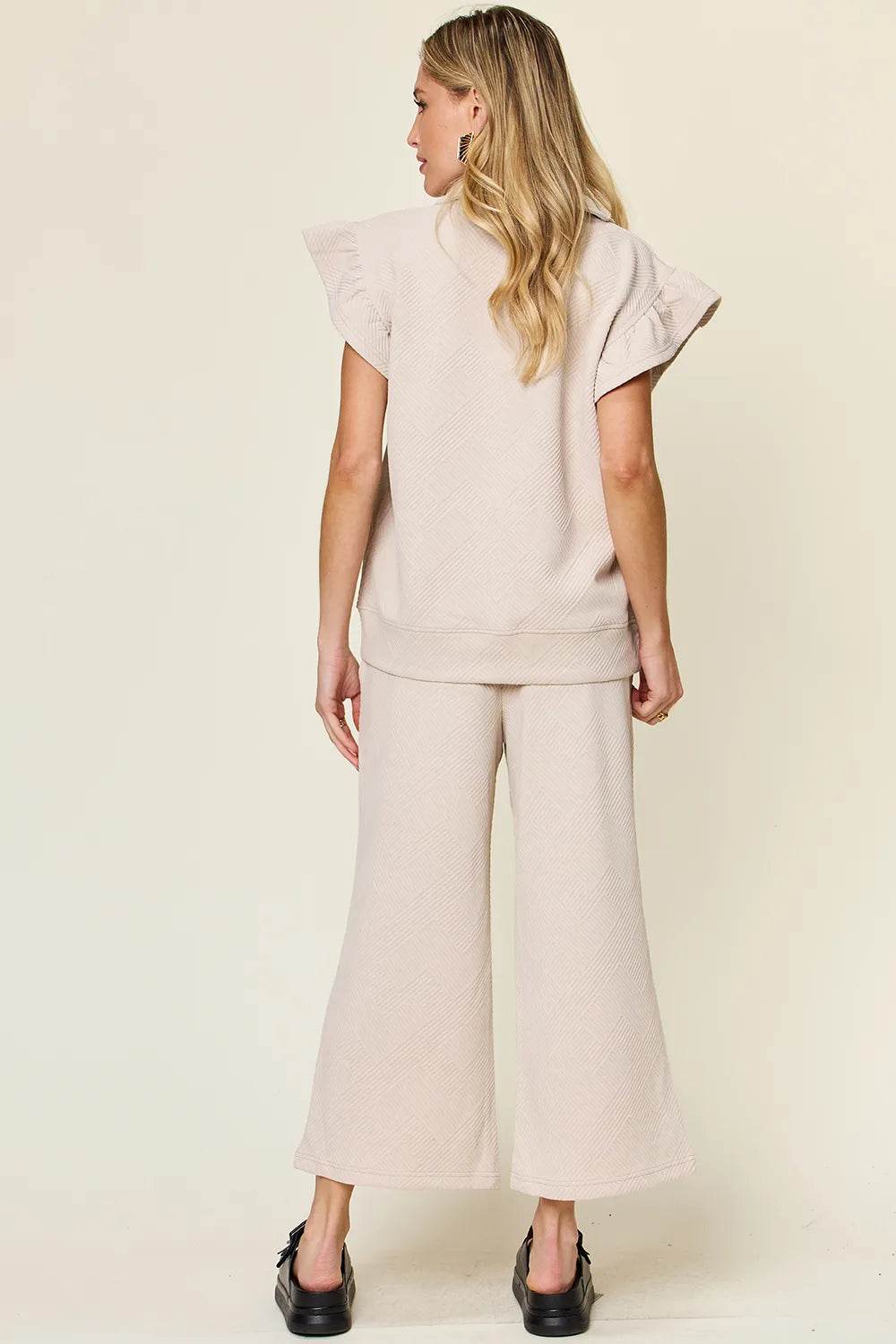 Double Take Texture Ruffle Short Sleeve Top and Drawstring Wide Leg Pants Set - Tredona LLC