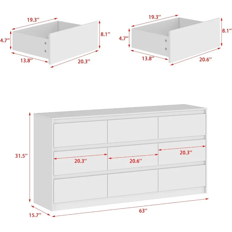 Hitow 9 Drawer Dresser for Bedroom with Deep Drawers, Large Floor Wood Dressers & Chest (63"W x 15.7"D x 31.5"H)