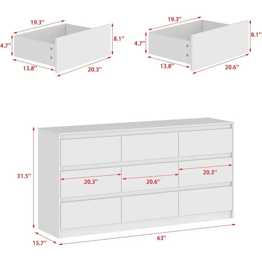 Hitow 9 Drawer Dresser for Bedroom with Deep Drawers, Large Floor Wood Dressers & Chest (63"W x 15.7"D x 31.5"H)