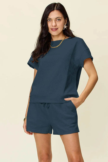 Double Take Full Size Texture Short Sleeve T-Shirt and Drawstring Shorts Set - Tredona LLC