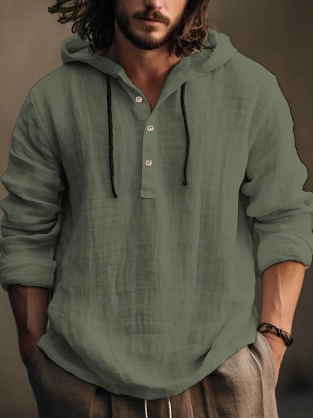Men's Full Size Half Button Long Sleeve Hoodie - Tredona LLC