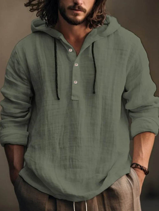 Men's Full Size Half Button Long Sleeve Hoodie - Tredona LLC