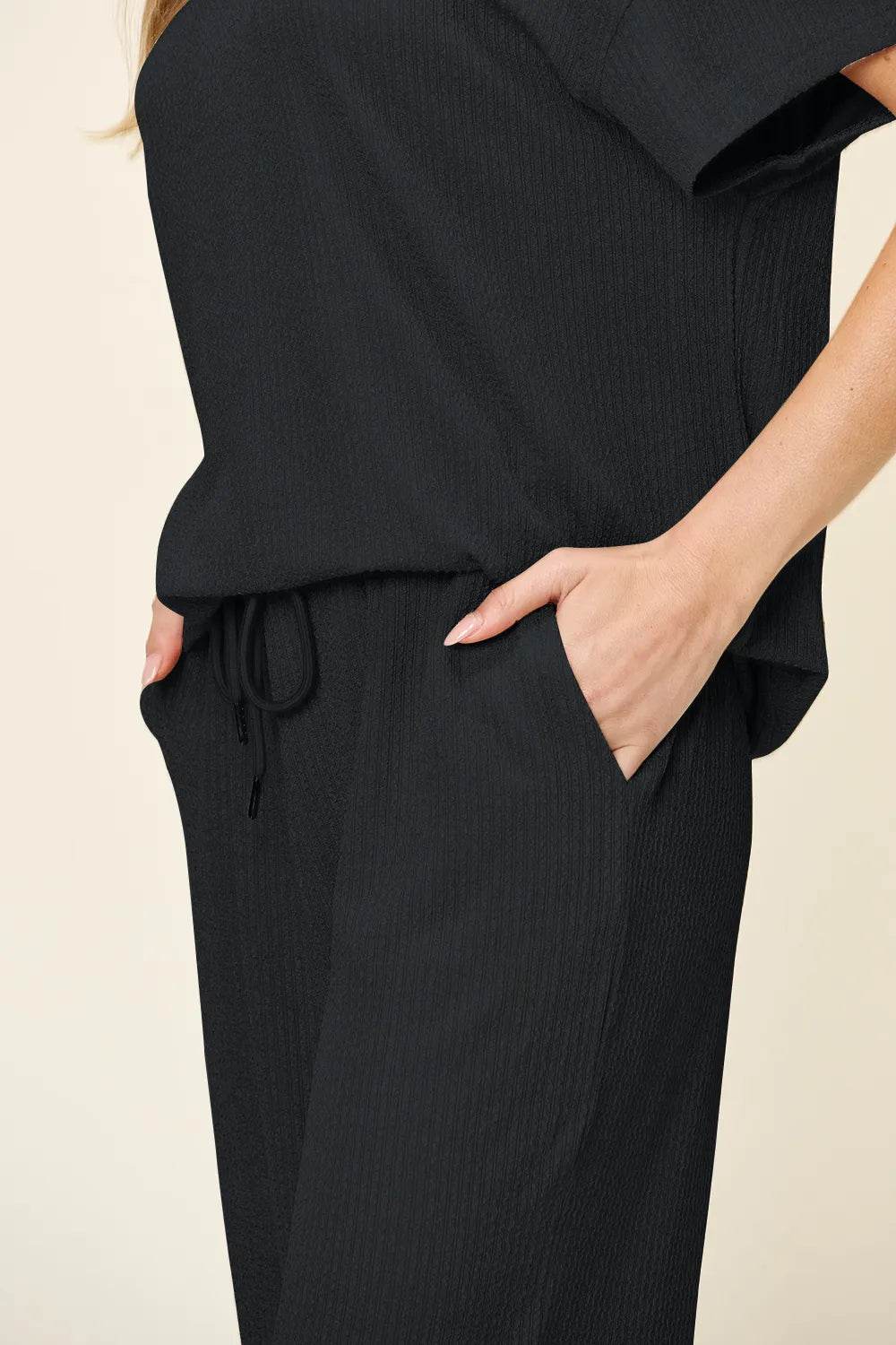 Double Take Full Size Texture Round Neck Short Sleeve T-Shirt and Wide Leg Pants - Tredona LLC