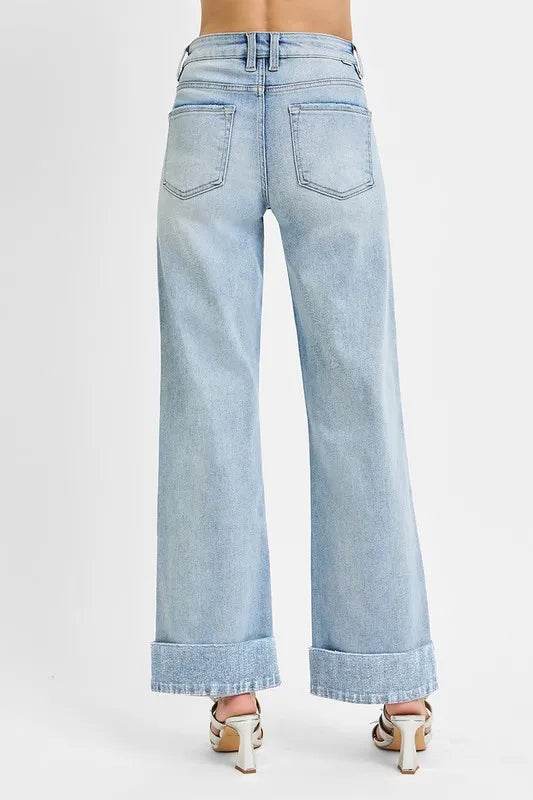 RISEN Full Size Tummy Control High Rise Ankle Wide Cuffed Jeans Plus Size - Tredona LLC