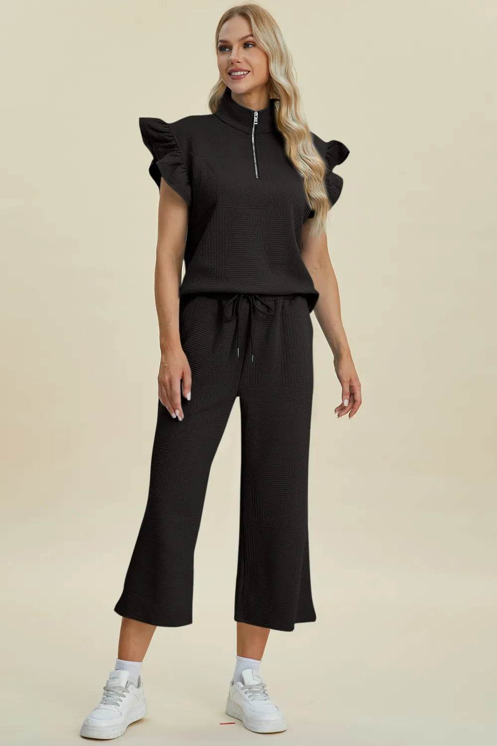 Double Take Full Size Texture Ruffle Short Sleeve Top and Wide Leg Pants Set - Tredona LLC