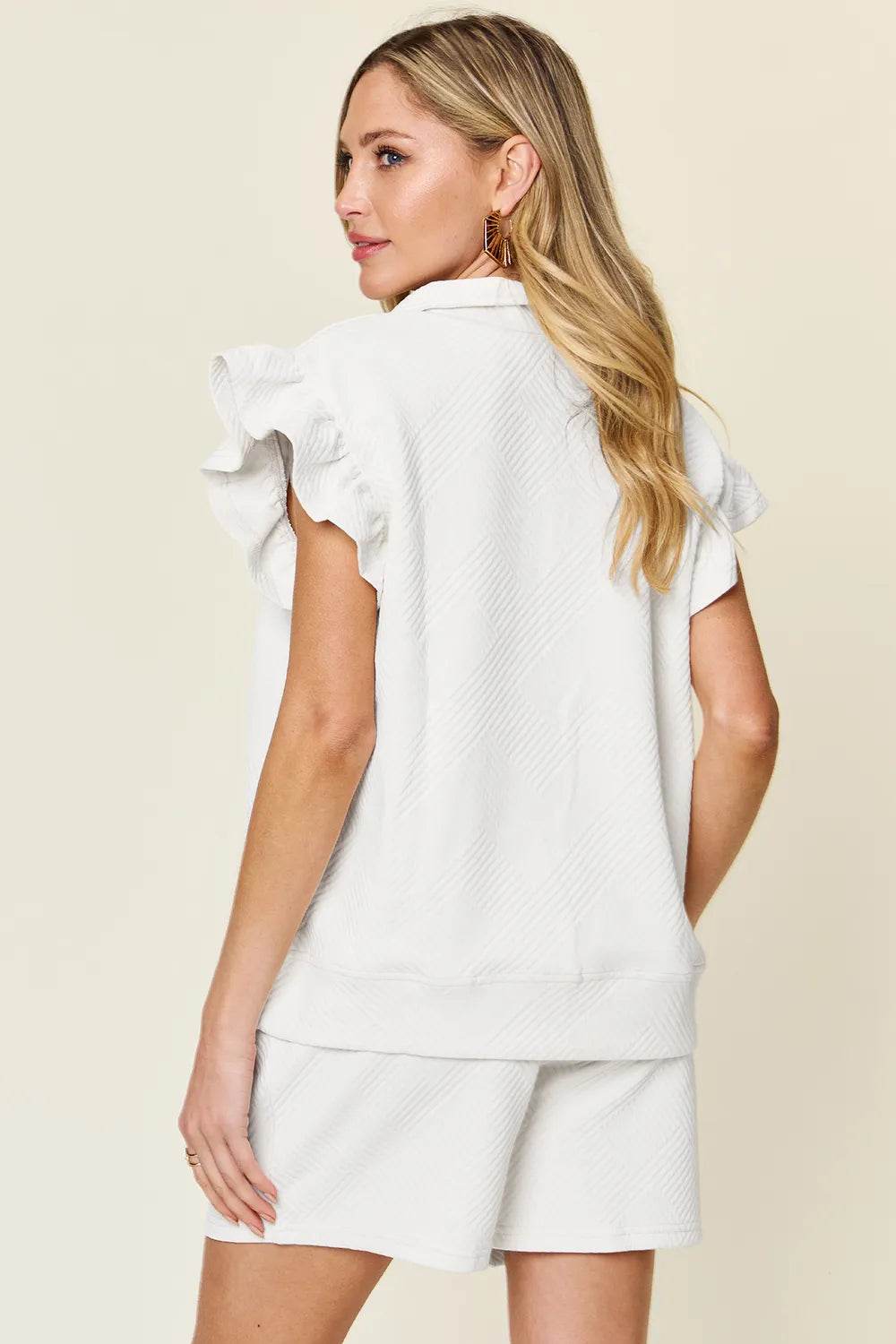 Double Take Full Size Texture Flounce Sleeve Top and Drawstring Shorts Set - Tredona LLC