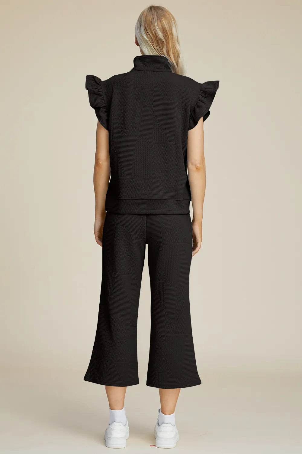 Double Take Full Size Texture Ruffle Short Sleeve Top and Wide Leg Pants Set - Tredona LLC