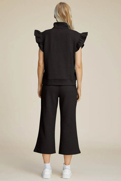 Double Take Full Size Texture Ruffle Short Sleeve Top and Wide Leg Pants Set - Tredona LLC