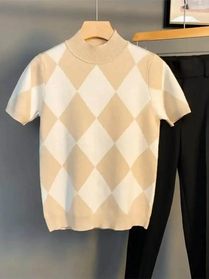Men's Full Size Diamond Pattern Short Sleeve Knit Top Plus Size - Tredona LLC