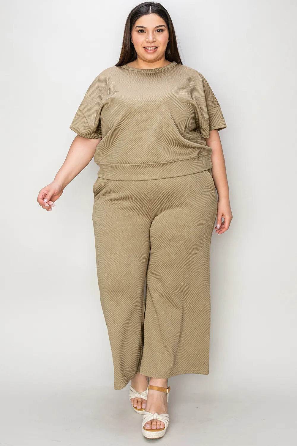 Double Take Full Size Texture Short Sleeve Top and Pants Set - Tredona LLC