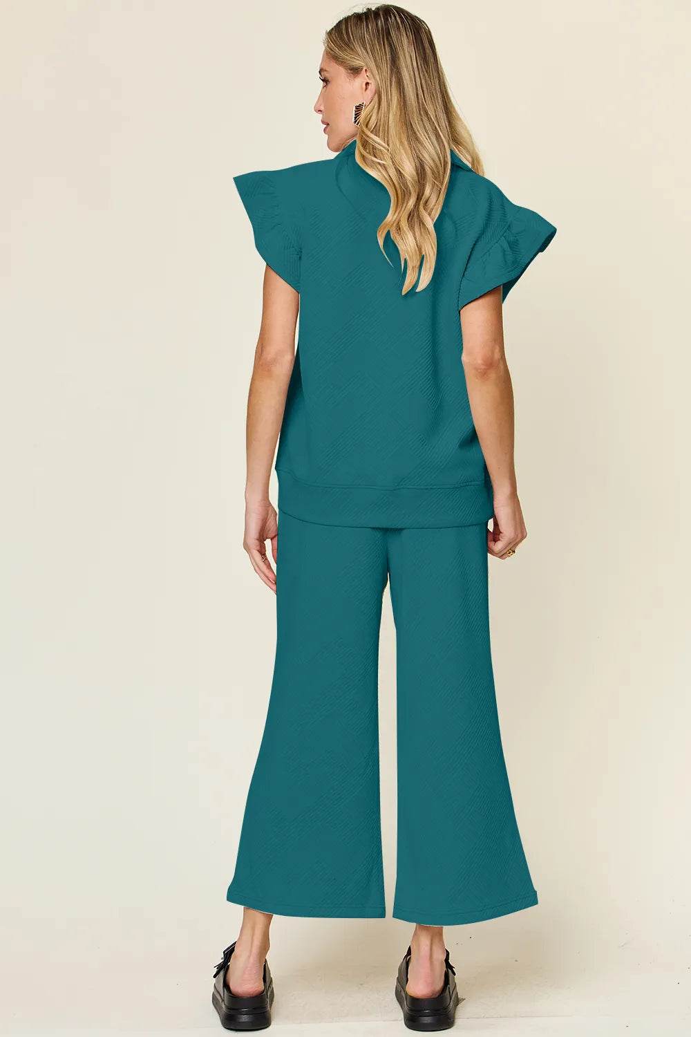 Double Take Texture Ruffle Short Sleeve Top and Drawstring Wide Leg Pants Set - Tredona LLC
