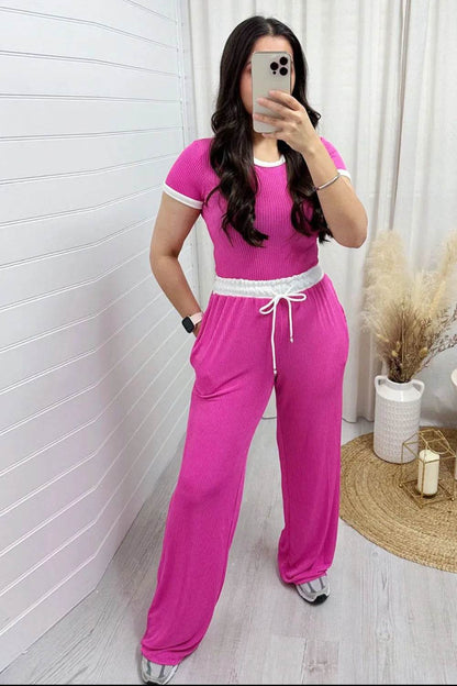 Contrast Trim Round Neck Top and Pants Set - Tredona LLC