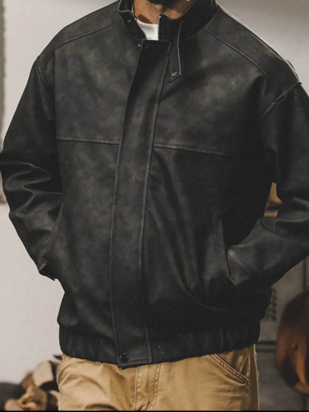 Men's Plus Size Zip Up Stand Collar Biker Jacket - Tredona LLC