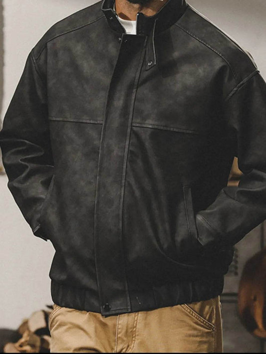 Men's Plus Size Zip Up Stand Collar Biker Jacket - Tredona LLC