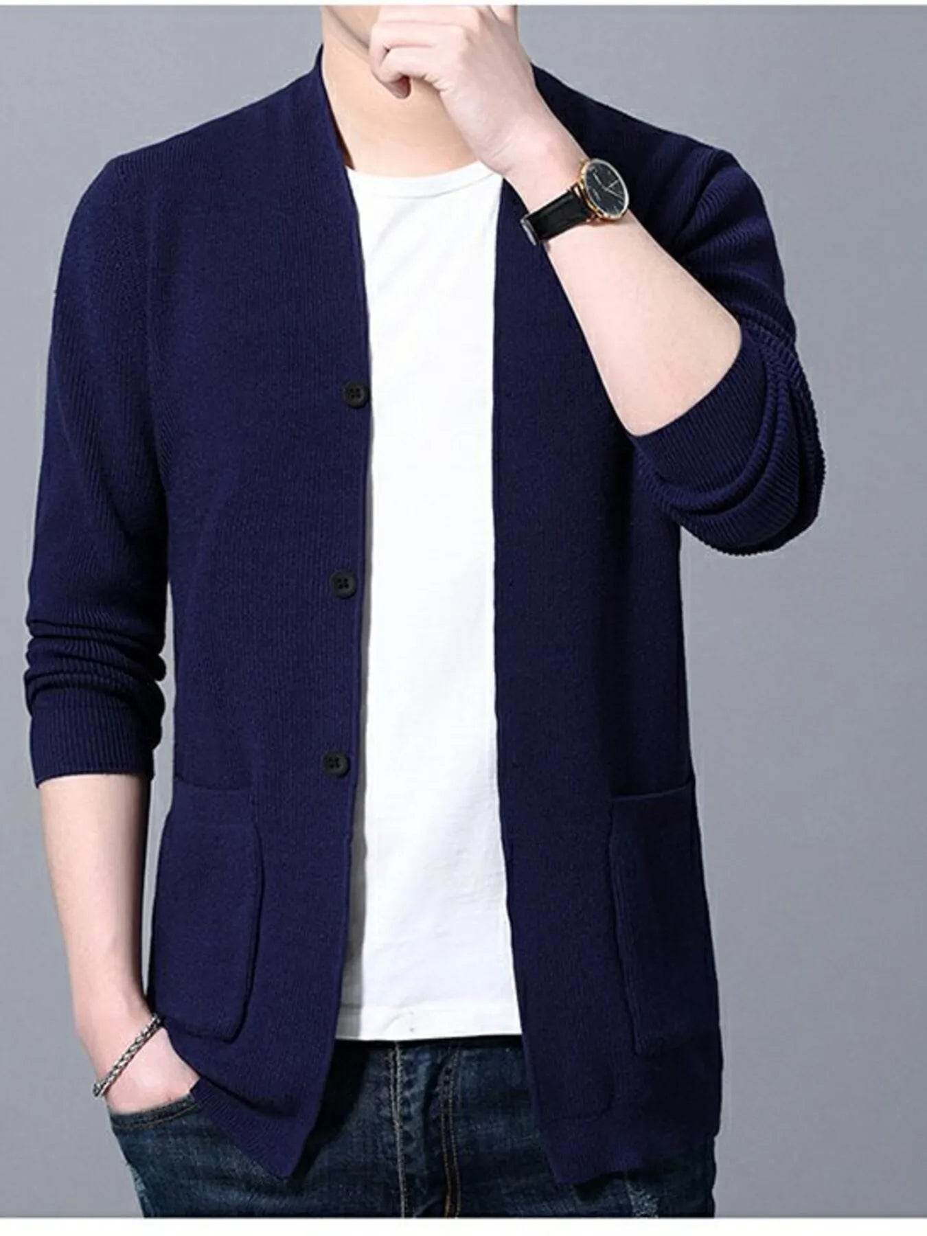 Men's Plus Size Long Sleeve Cardigan with Pockets - Tredona LLC