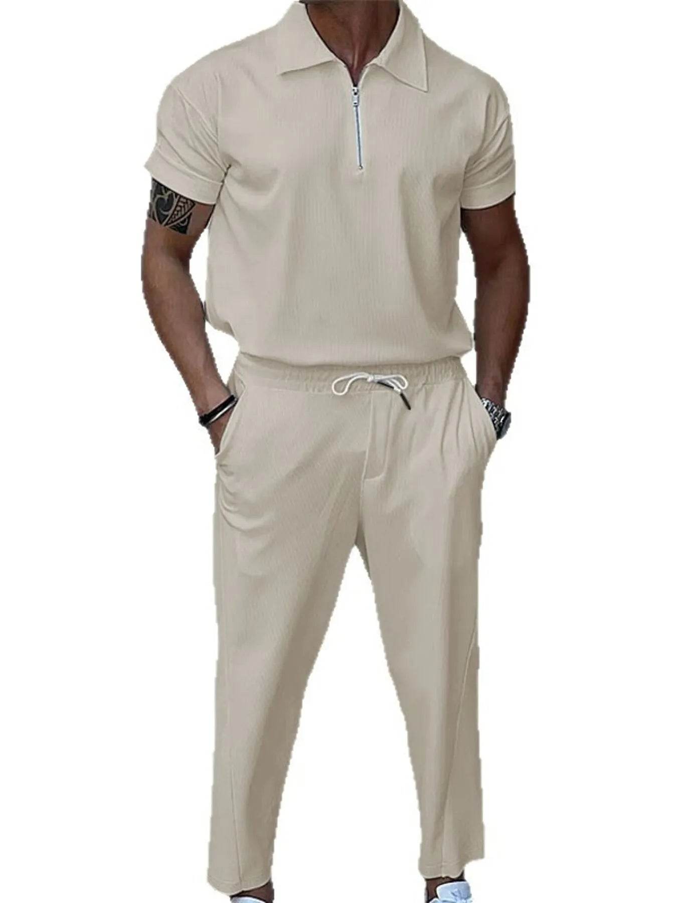 Men's Full Size Quarter Zip Short Sleeve Polo and Pants Set Plus Size - Tredona LLC