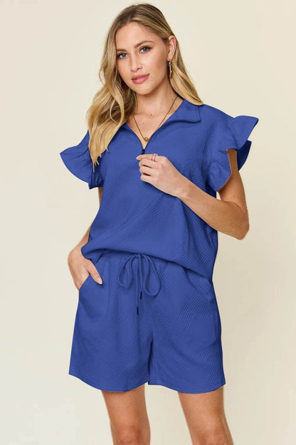 Double Take Full Size Texture Flounce Sleeve Top and Drawstring Shorts Set - Tredona LLC