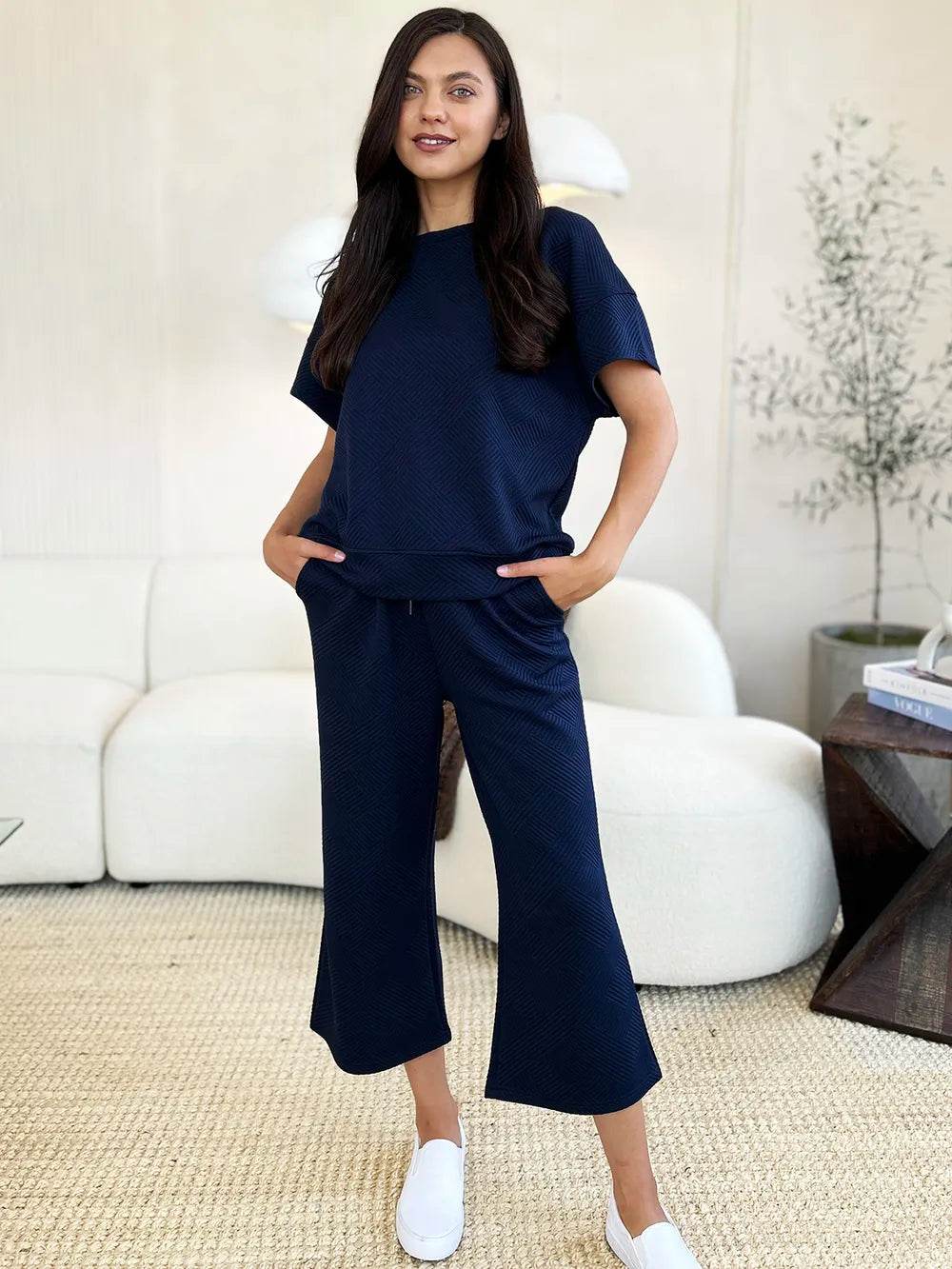 Double Take Full Size Texture Short Sleeve Top and Pants Set - Tredona LLC