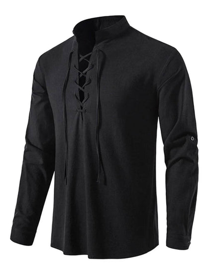 Men's Lace Up Long Sleeve Blouse - Tredona LLC