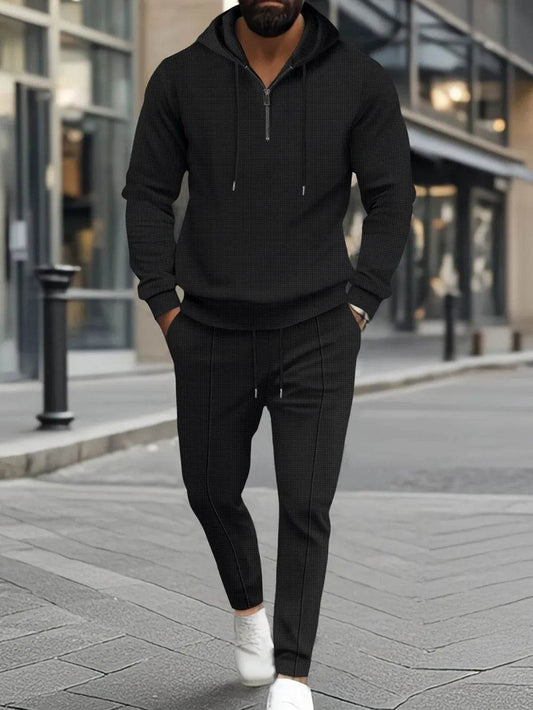 Men's Full Size Waffle-Knit Half Zipper Hoodie and Pants Set Plus Size - Tredona LLC
