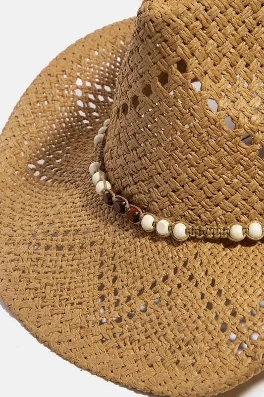Fame Mixed Beaded Strap Western Fedora Straw Hat - Tredona LLC
