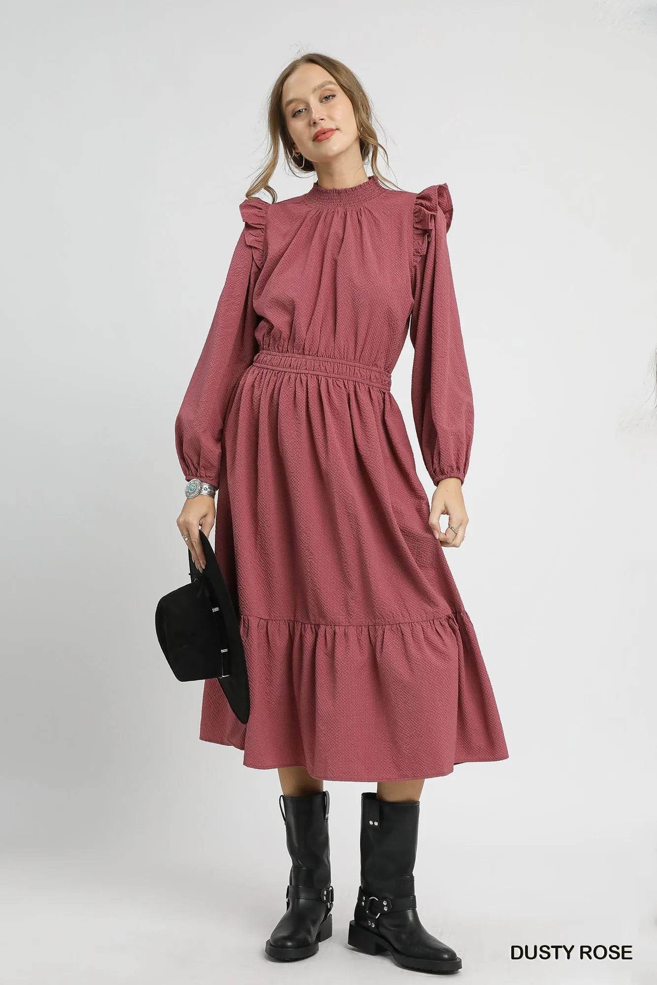Umgee Textured Midi Dress with Ruffle Shoulder Detail - Tredona LLC